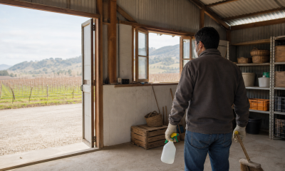 Persona ventila y limpia una bodega rural para prevenir el hantavirus