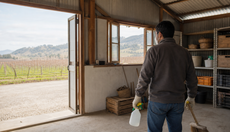 Persona ventila y limpia una bodega rural para prevenir el hantavirus