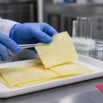 Profesional de inocuidad alimentaria examina una lámina de queso con guantes y pinzas