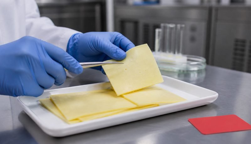 Profesional de inocuidad alimentaria examina una lámina de queso con guantes y pinzas