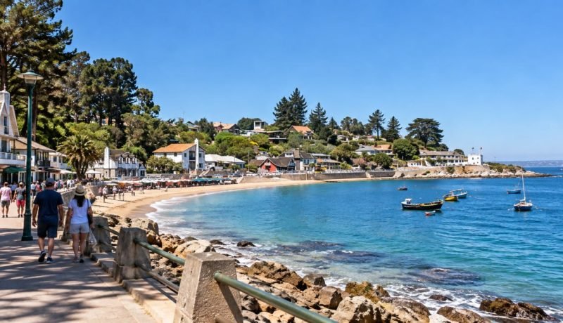Costanera, playa y embarcaciones en Algarrobo.