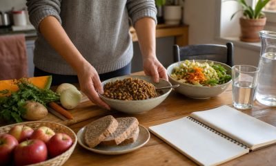 Preparación de una comida saludable con legumbres, verduras, frutas y agua