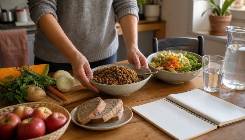 Preparación de una comida saludable con legumbres, verduras, frutas y agua