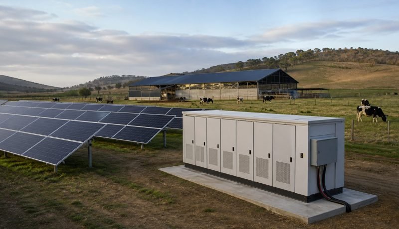 Paneles solares y sistema genérico de baterías en una lechería rural de Casablanca