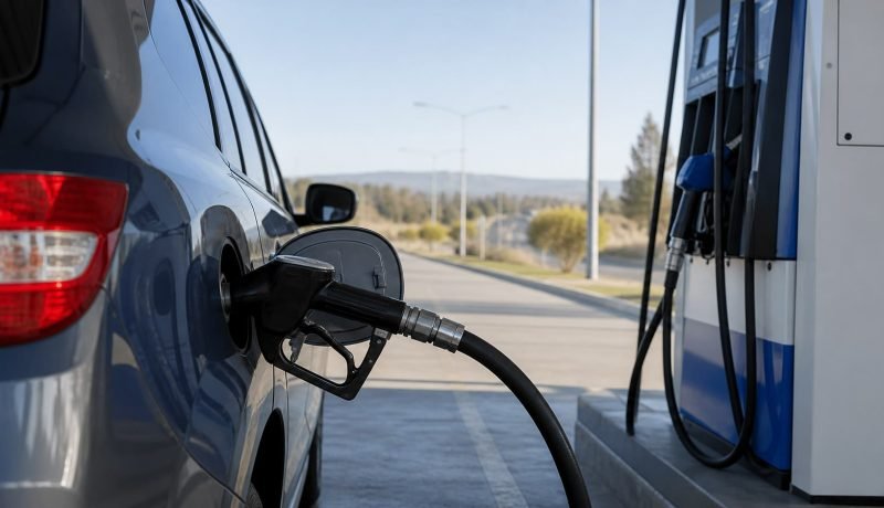 Boquilla de combustible conectada a un automóvil en una estación de servicio
