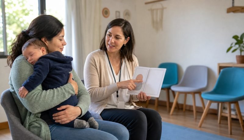 Madre sostiene a su bebé mientras una profesional entrega orientación de salud
