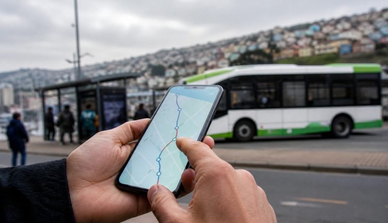 Persona consulta una ruta de transporte público en un teléfono frente a un bus en Valparaíso