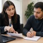 Orientadora laboral ayuda a una persona a revisar su currículum en una oficina