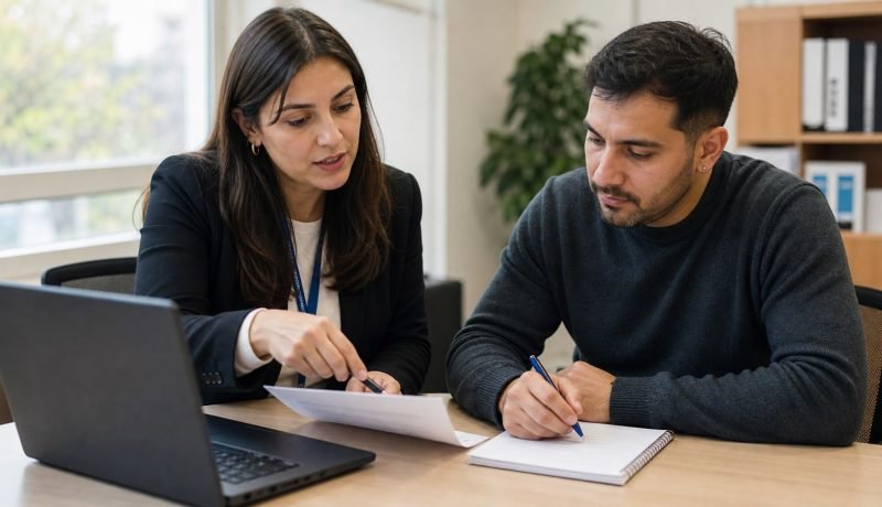 Orientadora laboral ayuda a una persona a revisar su currículum en una oficina