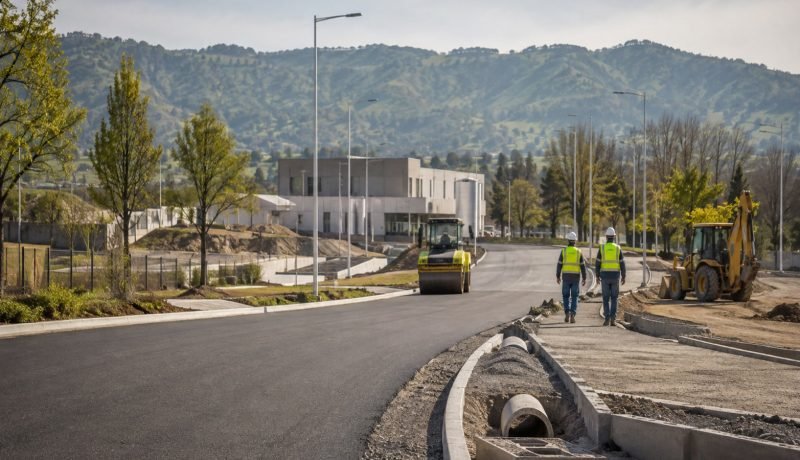 Imagen editorial de una avenida en obras con maquinaria y trabajadores