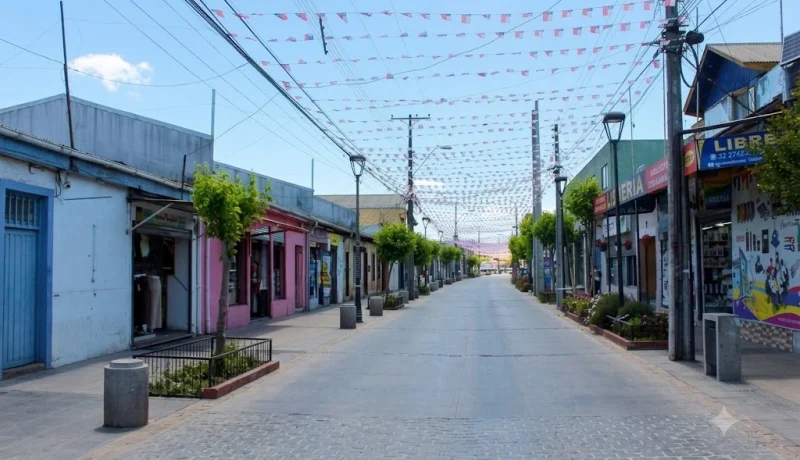 Calle del Barrio Chacabuco de Casablanca con comercio local y banderines