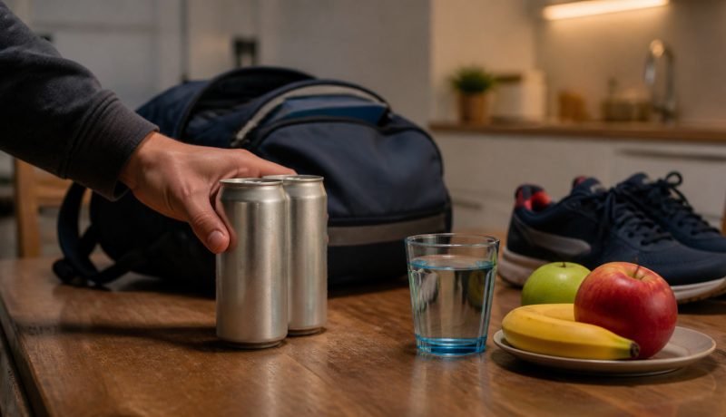 Adulto aparta bebidas energéticas de una mochila junto a agua y frutas