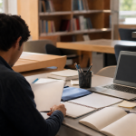 Estudiante revisa materiales de formación en una biblioteca
