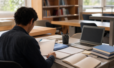 Estudiante revisa materiales de formación en una biblioteca