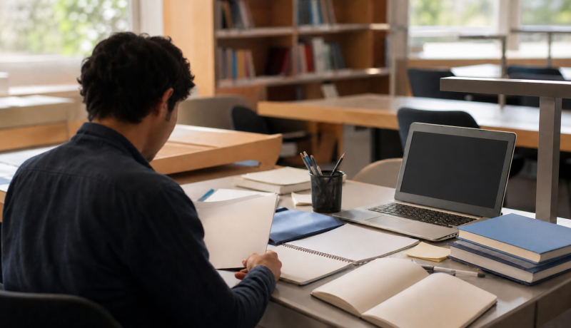 Estudiante revisa materiales de formación en una biblioteca