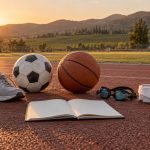 Implementos deportivos sobre una pista de atletismo con el valle de Casablanca al fondo