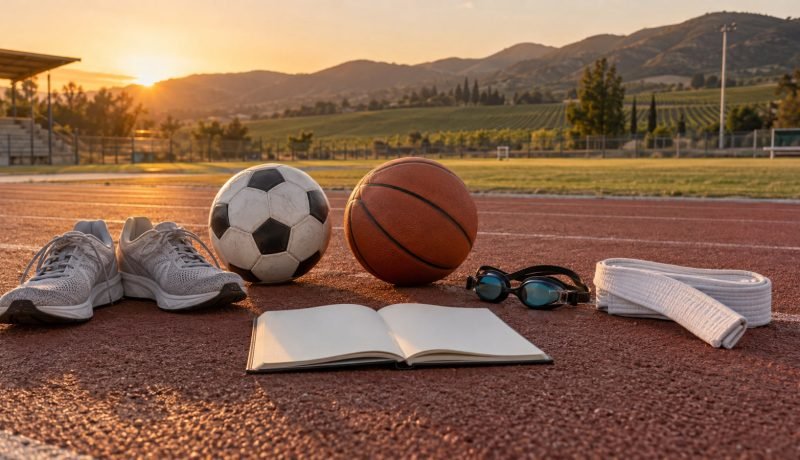 Implementos deportivos sobre una pista de atletismo con el valle de Casablanca al fondo