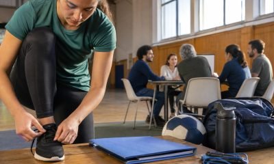 Deportista se prepara mientras un grupo comunitario trabaja en una mesa