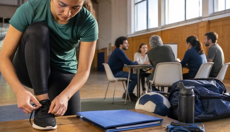 Deportista se prepara mientras un grupo comunitario trabaja en una mesa