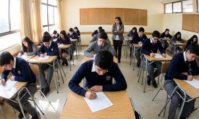 Estudiantes de enseñanza media responden una encuesta anónima de bienestar en una sala de clases