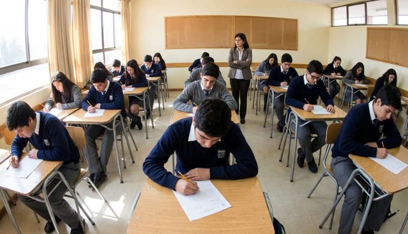 Estudiantes de enseñanza media responden una encuesta anónima de bienestar en una sala de clases