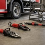 Herramientas de rescate vehicular junto a una plataforma para vehículos pesados en un cuartel de bomberos