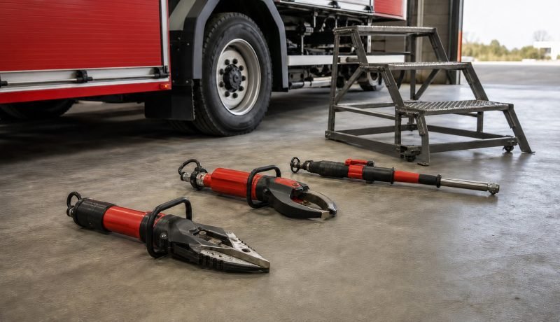 Herramientas de rescate vehicular junto a una plataforma para vehículos pesados en un cuartel de bomberos