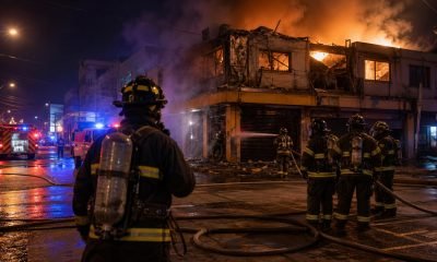 Ilustración de bomberos combatiendo un incendio estructural durante la noche