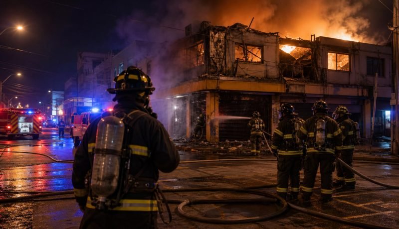 Ilustración de bomberos combatiendo un incendio estructural durante la noche