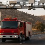 Carro de Bomberos circula bajo un pórtico de peaje en una autopista