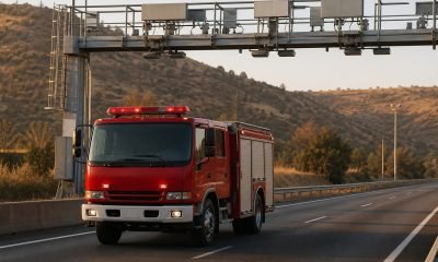 Carro de Bomberos circula bajo un pórtico de peaje en una autopista