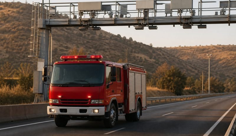 Carro de Bomberos circula bajo un pórtico de peaje en una autopista