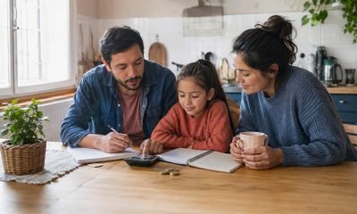Familia revisa su presupuesto doméstico junto a una niña