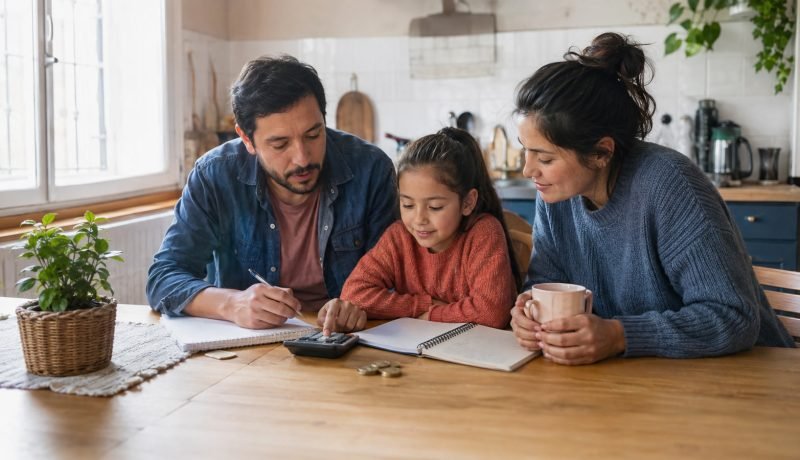Familia revisa su presupuesto doméstico junto a una niña