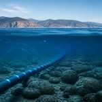 Cable submarino genérico sobre el fondo del Pacífico frente a una costa de Chile central