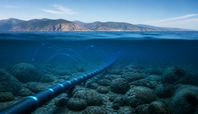 Cable submarino genérico sobre el fondo del Pacífico frente a una costa de Chile central