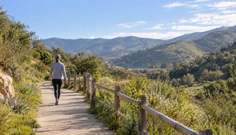 Persona camina por un sendero pavimentado entre cerros de la zona central de Chile