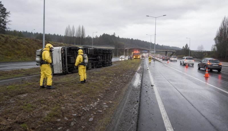 Equipos de emergencia trabajan junto a un camión volcado en una carretera