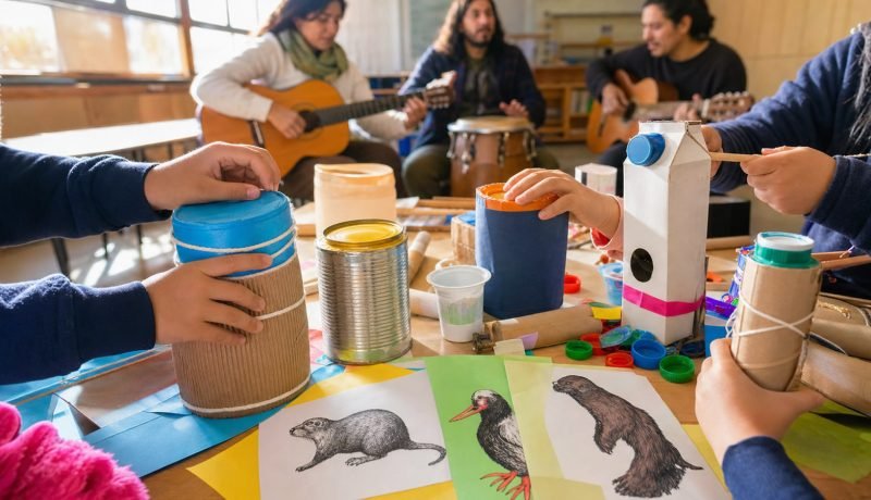 Estudiantes construyen instrumentos musicales con materiales reutilizados durante un taller escolar