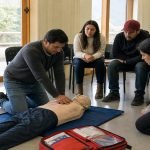Grupo de trabajadores practica reanimación cardiopulmonar con un maniquí de entrenamiento