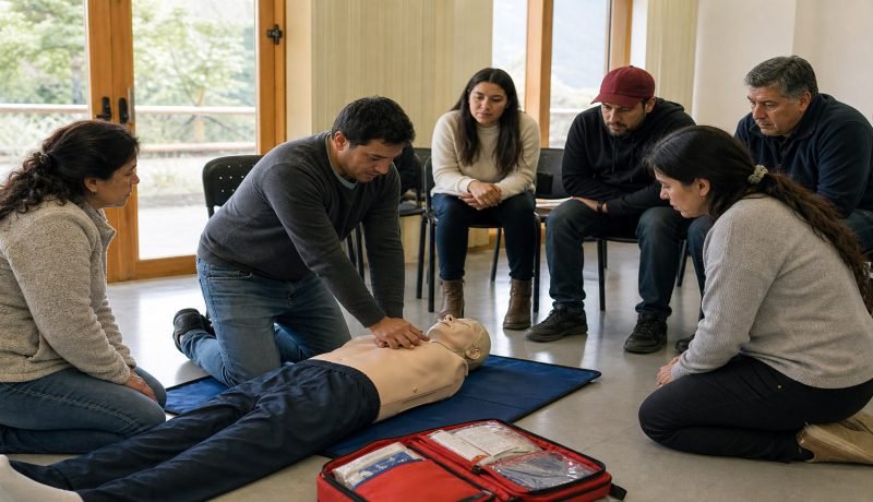 Grupo de trabajadores practica reanimación cardiopulmonar con un maniquí de entrenamiento