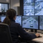 Representación editorial de operadores revisando cámaras de tránsito en una central de seguridad