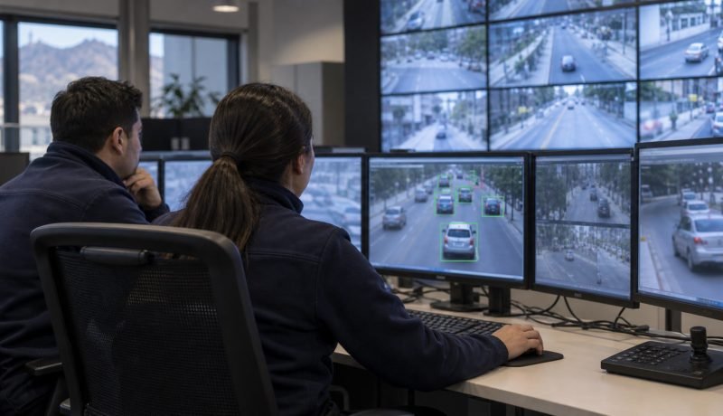 Representación editorial de operadores revisando cámaras de tránsito en una central de seguridad