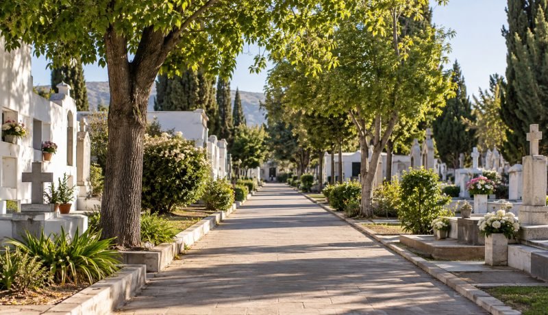 Representación editorial de un cementerio municipal arbolado durante una mañana despejada