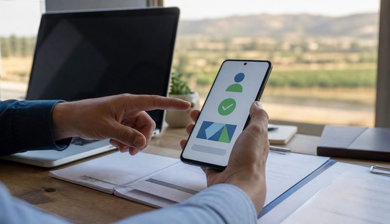 Personas revisan en un teléfono un comprobante digital de habilitación laboral