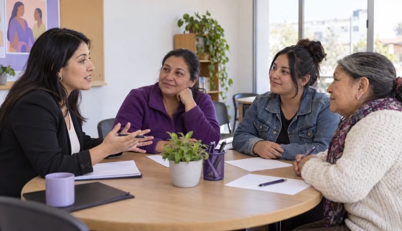 Representación editorial de una orientadora conversando con tres mujeres en una mesa comunitaria