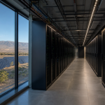 Pasillo de centro de datos frente a paneles solares y aerogeneradores en un paisaje semiárido
