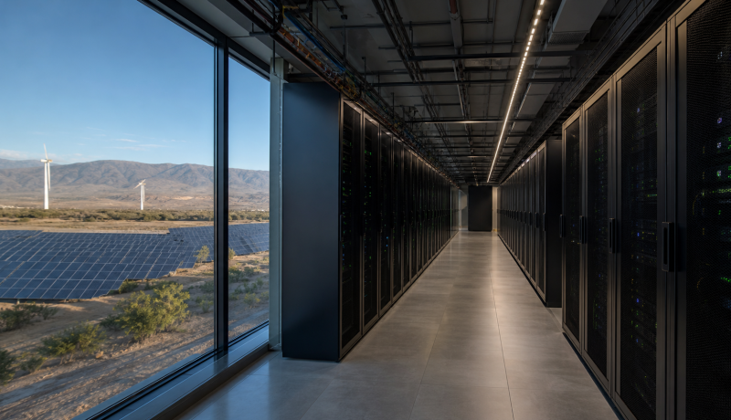 Pasillo de centro de datos frente a paneles solares y aerogeneradores en un paisaje semiárido