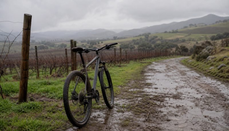 Bicicleta junto a un camino rural con barro después de la lluvia en Casablanca