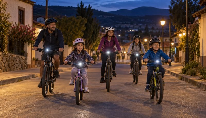 Familias con casco y luces pedalean de noche por una calle de Casablanca